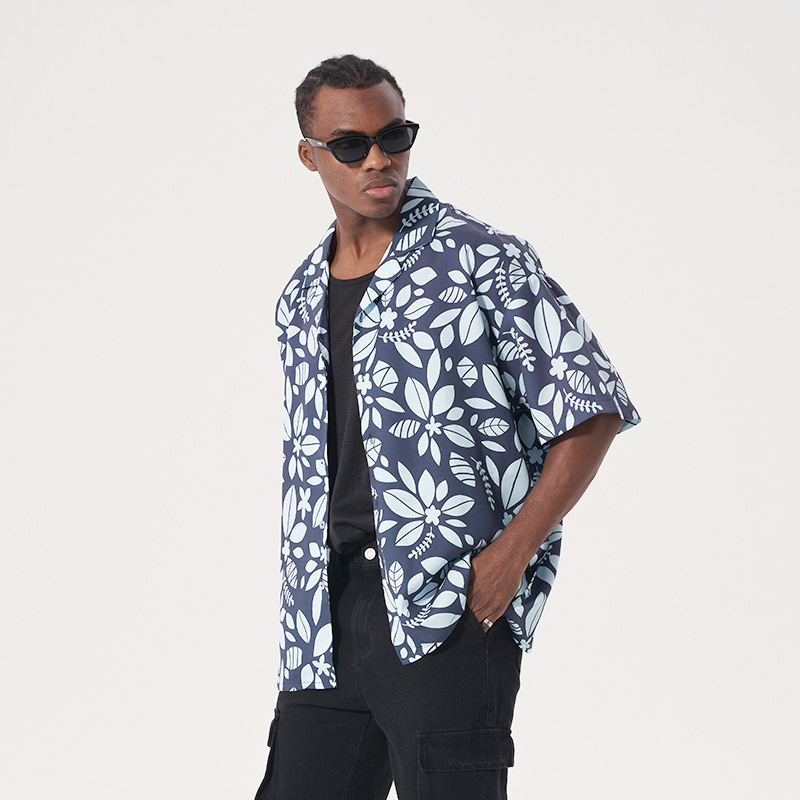 Floral short-sleeved Hong Kong style retro loose casual 23 02