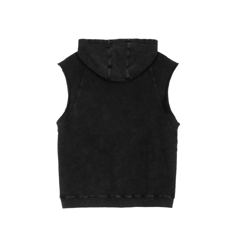 Vintage Washed Ragged Sleeveless T-shirt Casual Cotton Hooded 44 02